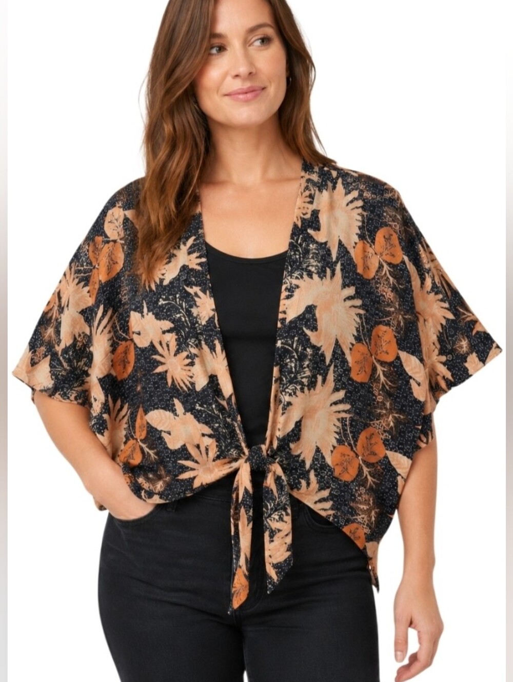 Free People Women’s One Size Black Floral Print Open Front Kimono Cardigan